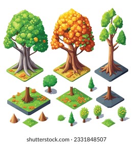 Trees and bushes environment for landscape design, decorative nature elements isometric shape for game assets. Isolated on background