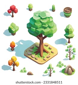 Trees and bushes environment for landscape design, decorative nature elements isometric shape for game assets. Isolated on background