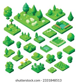 Entorno de árboles y arbustos para el diseño paisajístico, elementos decorativos de la naturaleza isométricos para los activos de juego. Aislado en segundo plano