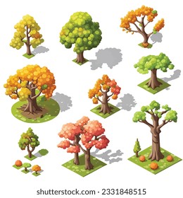 Trees and bushes environment for landscape design, decorative nature elements isometric shape for game assets. Isolated on background