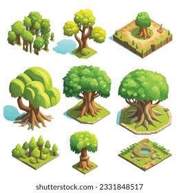 Entorno de árboles y arbustos para el diseño paisajístico, elementos decorativos de la naturaleza isométricos para los activos de juego. Aislado en segundo plano