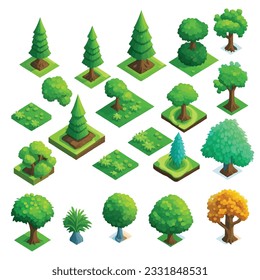 Baum- und Buschumgebung für Landschaftsgestaltung, dekorative Naturelemente isometrische Form für Spielanlagen. Einzeln auf Hintergrund