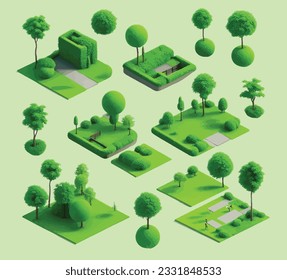 Trees and bushes environment for landscape design, decorative nature elements isometric shape for game assets. Isolated on background