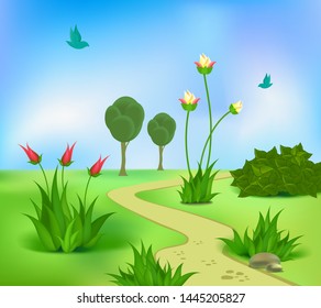 Trees, bushes, flowers, birds and footpath. Illustration of the natural landscape of the park. Vector set
