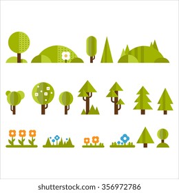 Trees, Bushes and Flowers Set in Flat Style. Vector Illustartion Set