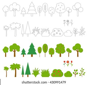 Trees, bushes and flowers. Set of vector elements. Linear contour style and color flat design. Set of elements for forestry or city landscape, game design or greeting cards.