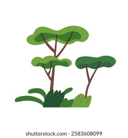 Trees, bushes and grass. Green plants, forest and park nature, environment. Wood greenery, leaf shrubs, leaves. Summer woodland. Flat graphic vector illustration isolated on white background