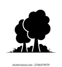 Trees, bushes, and grass icon. Black silhouette. Front and side view. Vector simple flat graphic illustration. Isolated object on a white background.