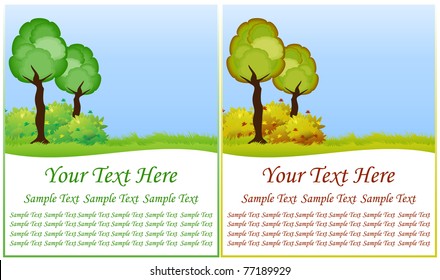 Trees with bushes and grass shown in the two seasons, summer and autumn