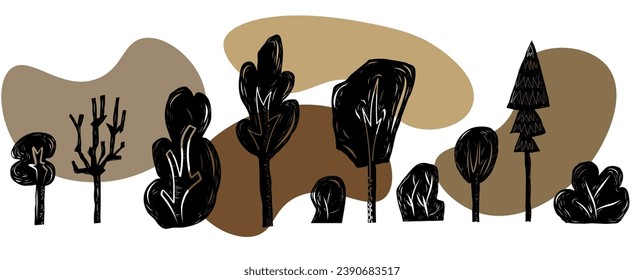 Trees and bushes hand carved linocut vector set on white background with abstract shapes in autumn colors. Collection of folk art style woodland clip art. 