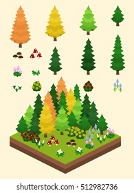 Trees, bushes, and mushrooms set for video game-type isometric autumn boreal forest scene.