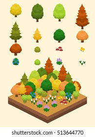 Trees, bushes, and mushrooms set for video game-type isometric autumn temperate forest scene.