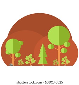 Trees and bushes on the background of mountains in cartoon style. Flat design.