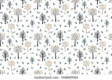 trees and bushes on white background vector seamless pattern