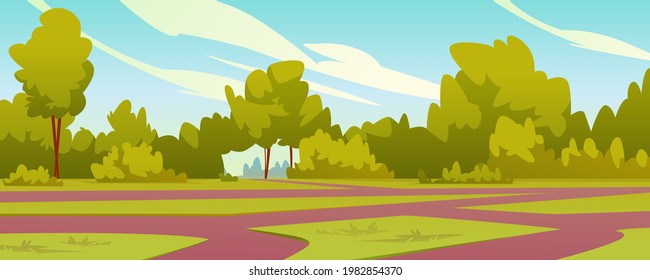 Trees and bushes in park with paths, landscape of yard with lush greenery, forest or woods. Idyllic place for leisure and recreation, outdoors scene, summer or spring season cartoon style vector