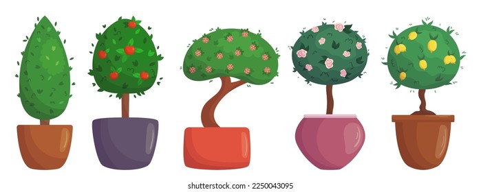 Trees or Bushes in Pots Isolated on White Background. Landscaping Design Elements, Natural Plants in Flowerpots, Graphics Collection for Gardening and Seasonal Decor. Cartoon Vector Illustration