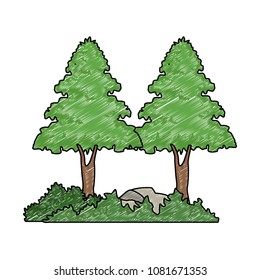 Trees with bushes and rocks scribble
