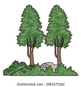 Trees with bushes and rocks scribble