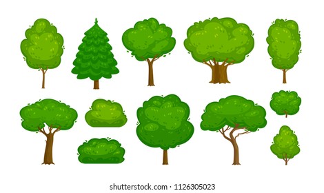 Trees and bushes set of icons. Forest, nature, environment concept. Cartoon vector illustration