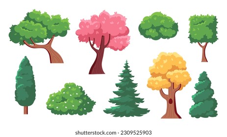 Trees and bushes set. .Oak, sakura, Christmas tree and pine. Evergreen plants, flora and biology. Natural wooden trunk. Cartoon flat vector collection isolated on white background