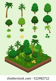 Árboles y arbustos para videojuegos de la escena isométrica de selva tropical tropical.