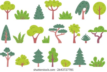 Árvores e arbustos. Árvores e arbustos simples. Árvore de desenho animado com coroa verde folhosa. Elementos vetoriais para floresta, parque e paisagem de jardim, natureza verde.