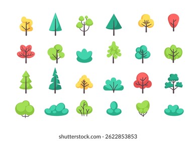 Trees and bushes. Simple forest and park plants. Flat style green tree, bush, branch. Garden geometric shapes. Nature elements for landscape view on white background. Vector collection.