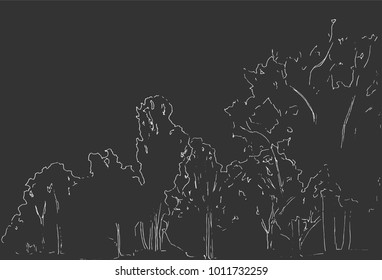 Trees and bushes sketch. Landscape linear drawing. Hand drawn illustration. Forest on white background. Black Line style design. Wild nature.
