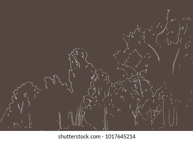 Trees and bushes sketch. Landscape linear drawing. Hand drawn illustration. Forest on dark brown background. White Line style design. Wild nature.