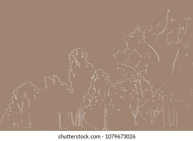 Trees and bushes sketch. Landscape linear drawing. Hand drawn illustration. Forest on white background. Black Line style design. Wild nature.