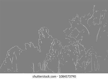 Trees and bushes sketch. Landscape linear drawing. Hand drawn illustration. Forest on white background. Black Line style design. Wild nature.