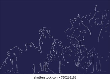 Trees and bushes sketch. Landscape linear drawing. Hand drawn illustration. Forest on white background. Black Line style design. Wild nature.