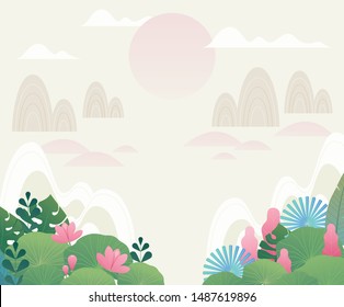 Trees and bushes in a traditional Asian atmosphere. Huge sun. flat design style minimal vector illustration.