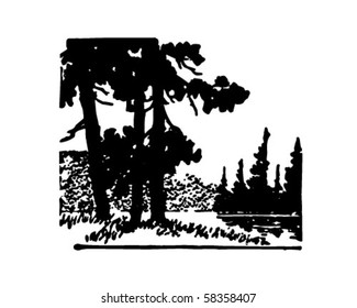 Trees By A Lake - Retro Clip Art