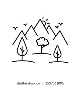 Trees by the mountains line icon, outline vector sign, linear style pictogram isolated on white. Symbol, logo illustration. Editable stroke. Pixel perfect vector graphics