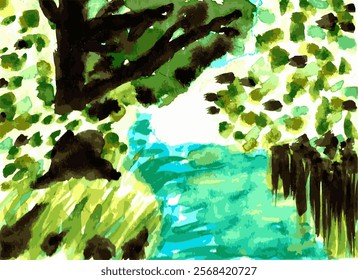 Trees by a river. A vector image of a  landscape in different green tones.