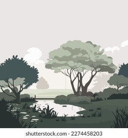 Trees by the water. Beautiful lawn with a lake.
