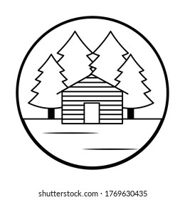 arboles e icono de paisaje de cabina sobre fondo blanco, estilo de línea, ilustración vectorial