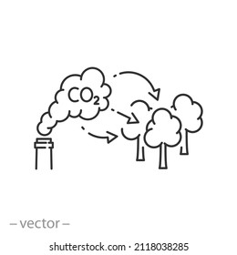 trees capture co2 emission icon, natural cleaning polluted air, forest filter carbon, reduce pollution, thin line symbol on white background - editable stroke vector illustration