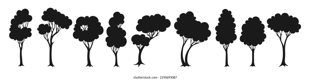 Trees cartoon silhouette set. Forest and park abstract evergreen stylized shape plant, nature eco botanical collection. Deciduous tree, leaves and lush crowns. Ink stamp landscape vector illustration