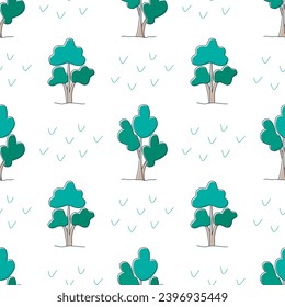Trees in cartoon style seamless pattern. Hand drawn natural forest background. Texture print with trees for design, vector illustration