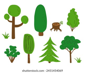 Trees cartoon style set. Collection of forest plants, stump, fir, bush, grass, nature elements. Hand drawn flat vector illustration on isolated background. Design for map, print, paper, poster, card