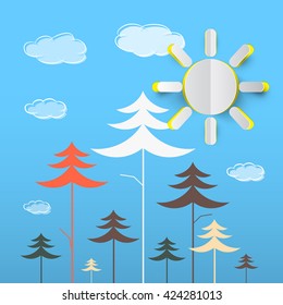 Trees Cartoon. Vector Forest with Clouds on Blue Background. Paper Cut Sun on Nature Background.