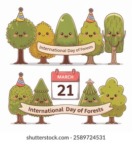 Trees Celebrating International Day of Forests with Ribbon and Calendar, Vector Illustration. Cute trees of different types commemorating International Day of Forests day concept