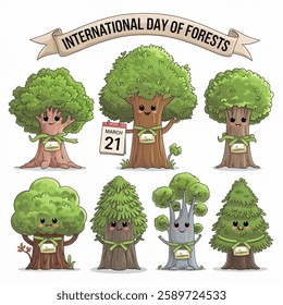 Trees Celebrating International Day of Forests with Ribbon and Calendar, Vector Illustration. Cute trees of different types commemorating International Day of Forests day concept