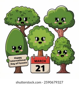 Trees Celebrating International Day of Forests with Ribbon and Calendar, Vector Illustration. Cute trees of different types commemorating International Day of Forests day concept