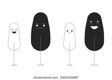 Trees changing seasons black and white 2D line cartoon characters set. Summer, winter weather isolated vector outline personages. Sad, happy plants monochromatic flat spot illustrations collection