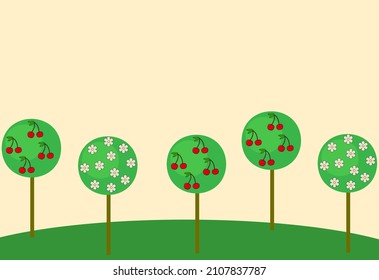 Trees with cherries and flowers on a yellow background. Orchard 