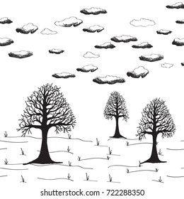 trees in a clearing, forest, garden, painted with a thin line and clouds, sky, simple landscape, nature. sketch.Freehand drawing vector illustration.
