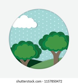 trees and cloud with polka dot paper art style for background vector illustration